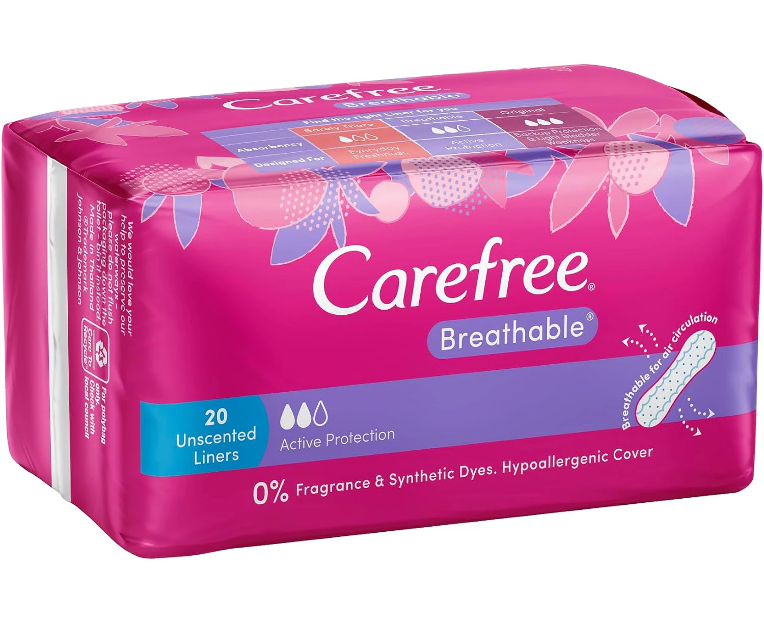 Carefree Breathable Unscented Panty Liners 48 pack| Body-contoured shape| Cottony-soft cover| Wide Adhesive Strip| Breathable backing