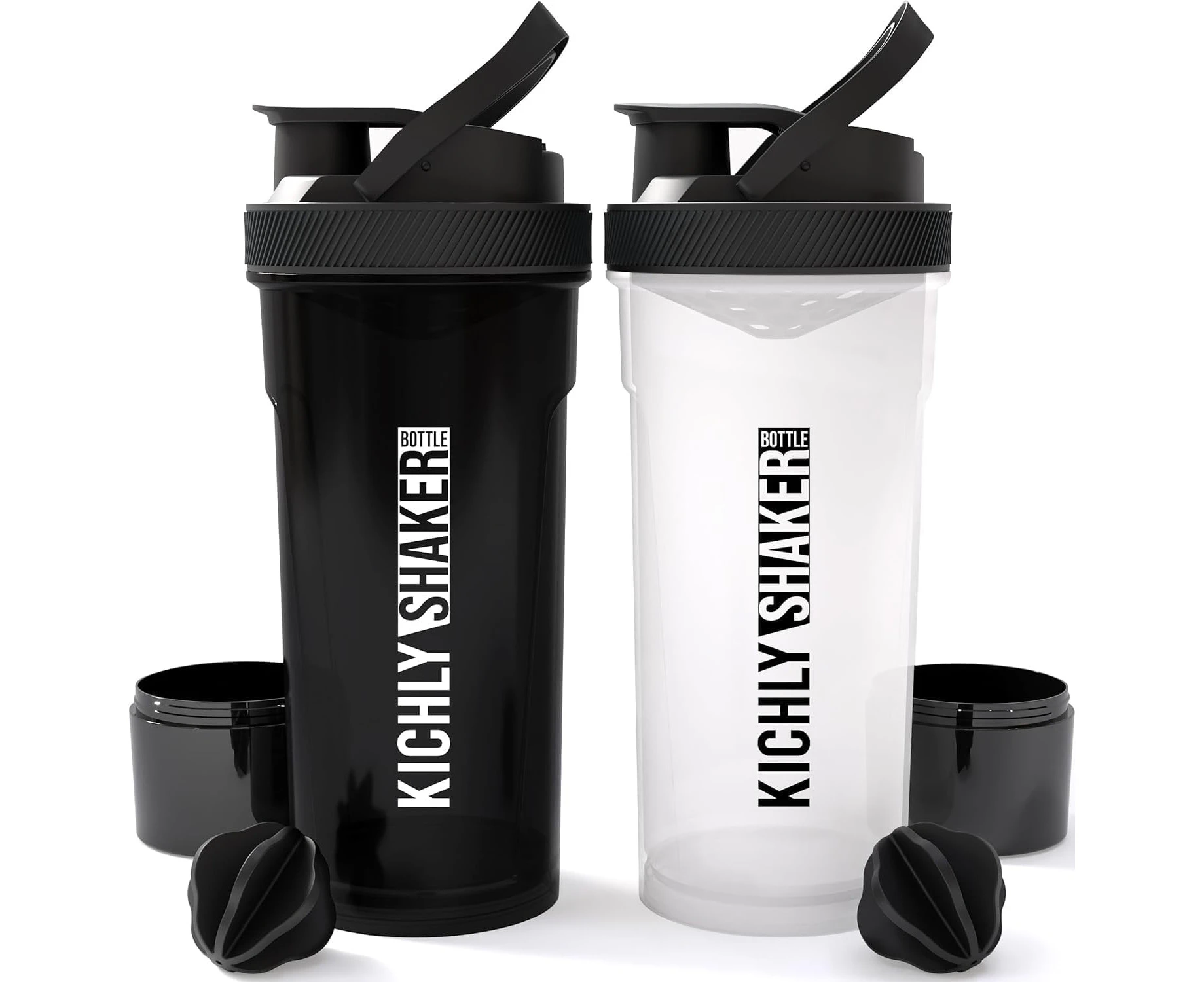 KICHLY Set of 2 Classic Protein Shaker Bottle (24oz) with Protein Shaker Ball - Non-Leak Cap with Container for Protein Shakes – Perfect Fitness & Workout