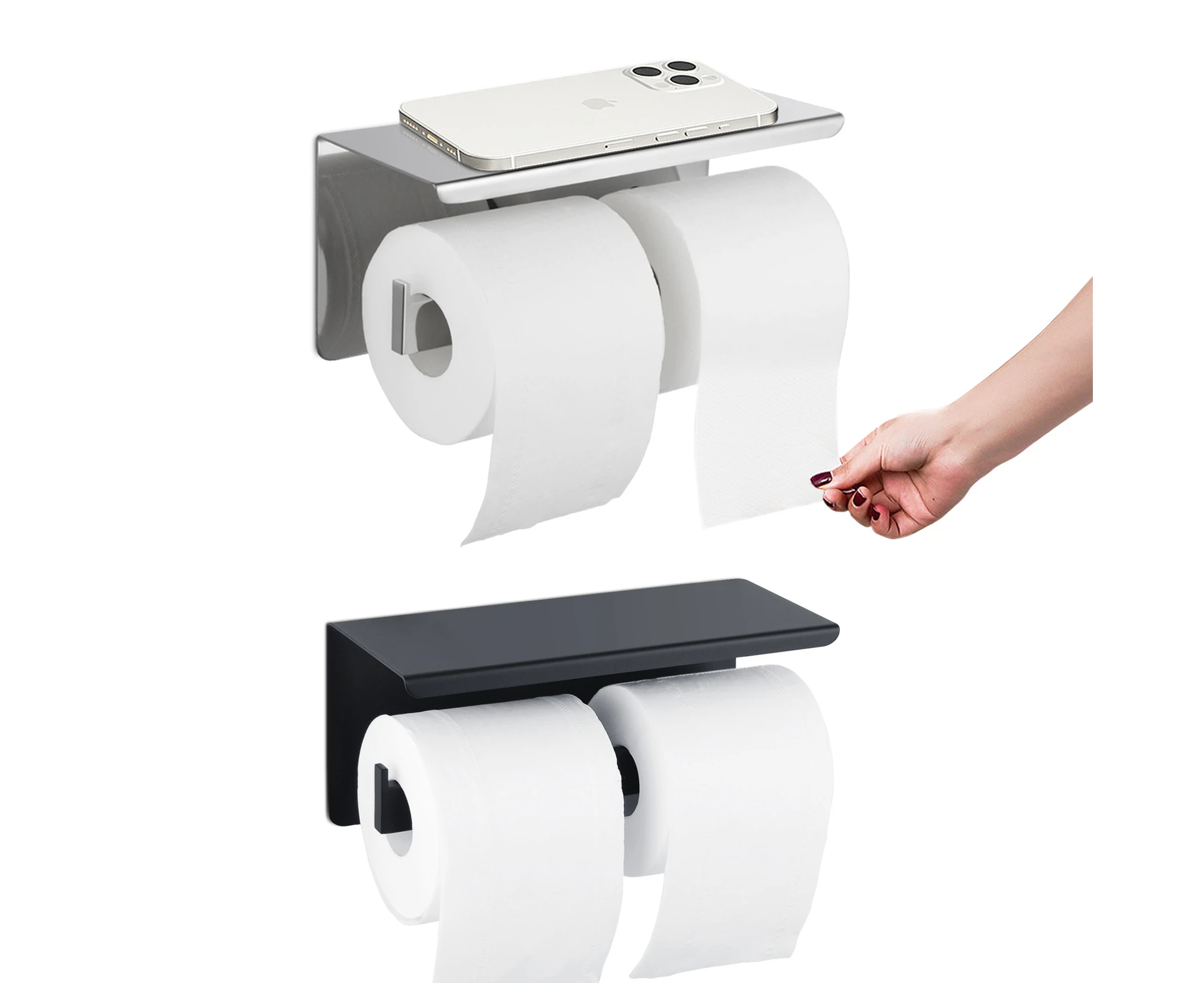 Double paper hooks with Shelf Stainless Steel Paper Tissue Roll Holder Bathroom Toilet Paper Dispensers