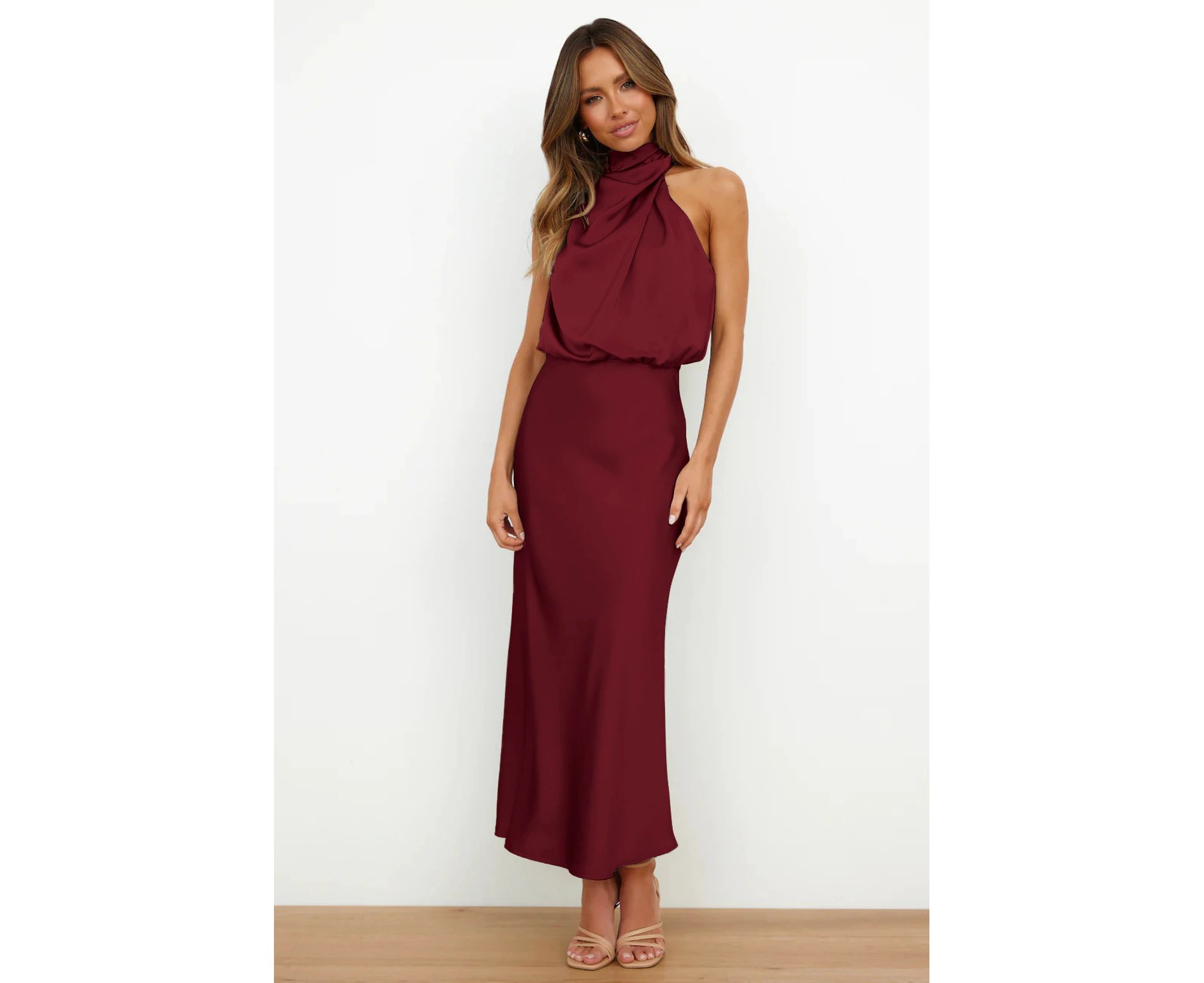 Women's Summer Satin Dress Elegant Sleeveless Mock Neck Cocktail Party Maxi Dresses