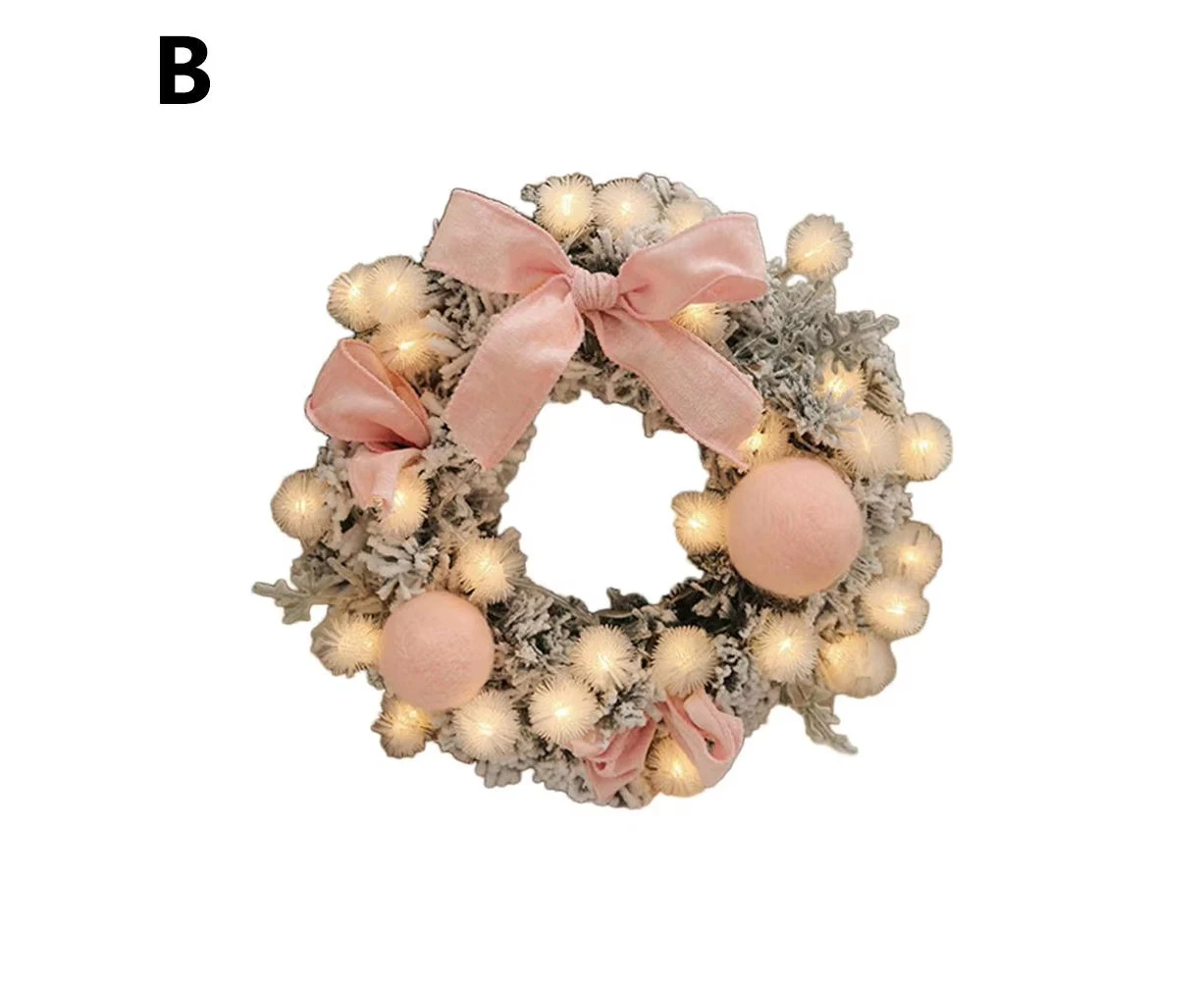 30CM Christmas Artificial Rattan Flower Door Hanging Wreath with String Light Wall Decoration for Home Festival Party pink