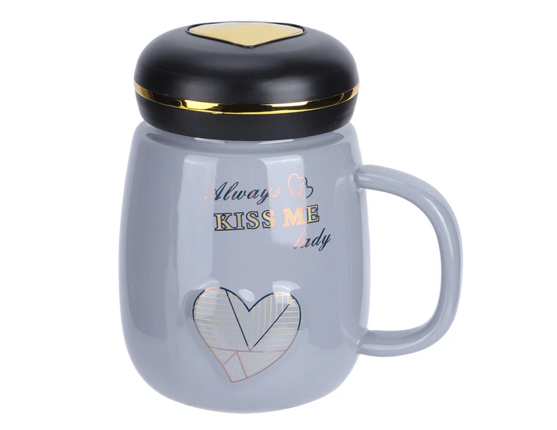 Modern Innovative Heart Pattern Ceramic Mug Milk Coffee Tea Cup with Lid for Home Office(Gray 500ml)