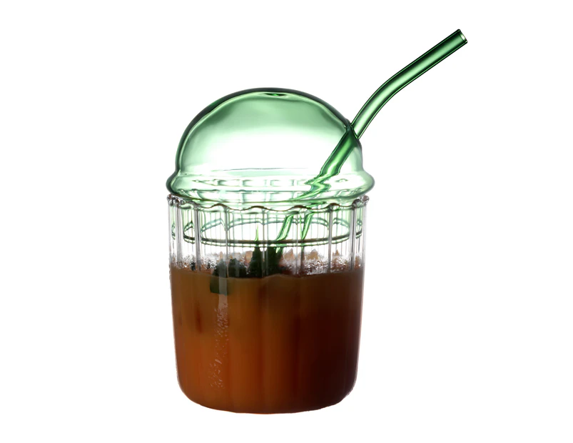 Glass Milk Tea Mug, Clear Glass Coffee Mug Foam Mug Canister Mug, Glass with Lid and Straw, Green