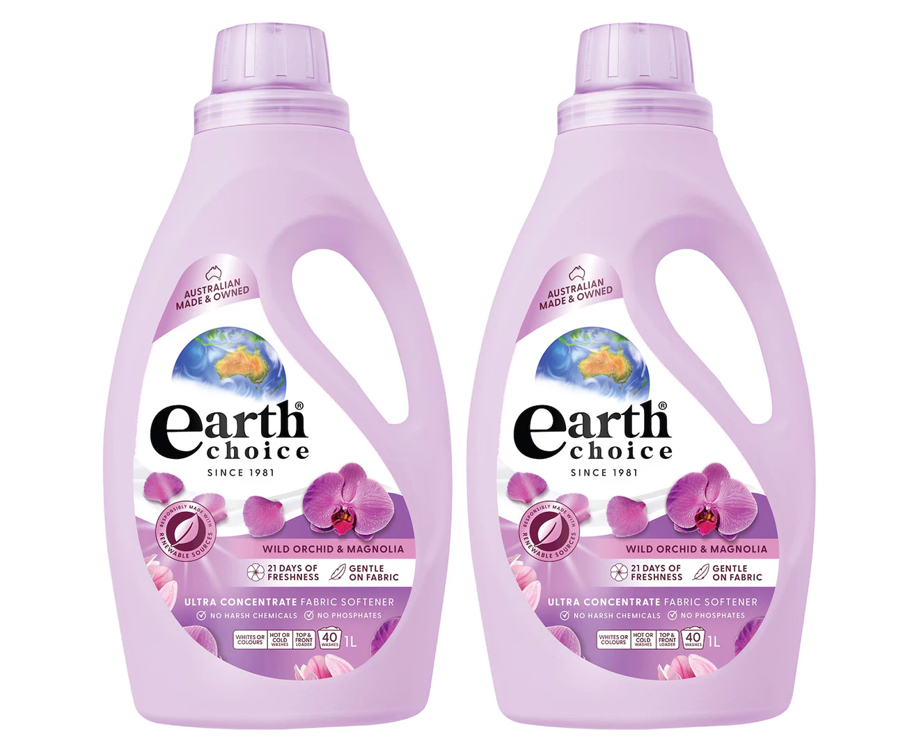 2 x 1L Earth Choice Ultra Concentrate Fabric Softener Wild Orchid & Magnolia