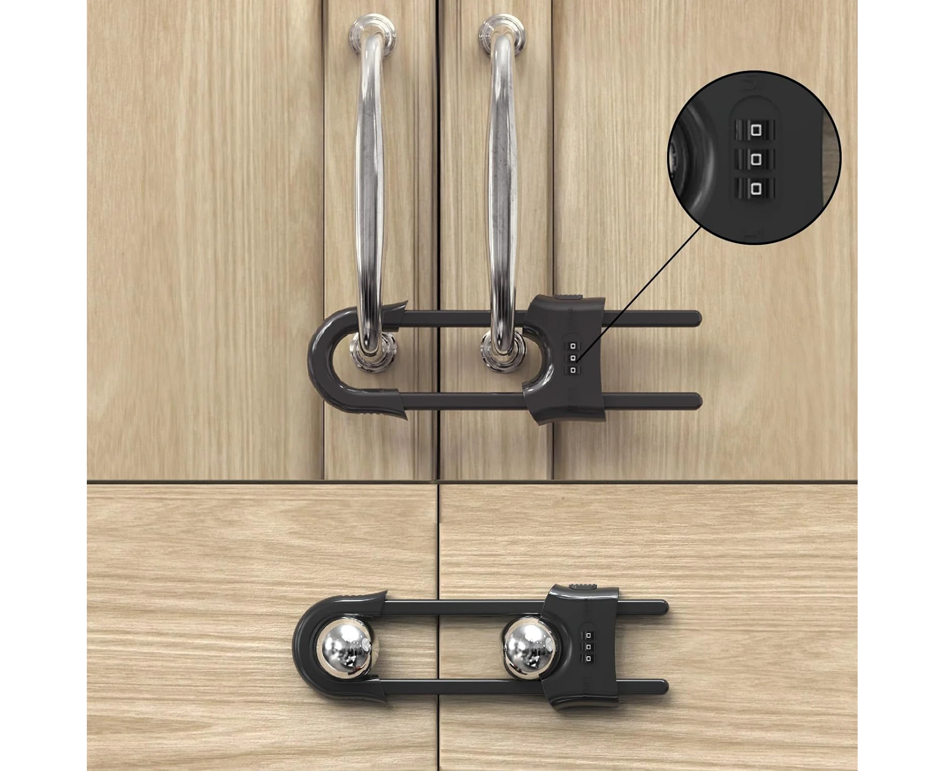 4 Pack Child Proof Sliding Cabinet Door Code Locks Baby Safety Cupboard Locks Adjustable U Shaped Cabinet Latches for Knob Handle Drawers Closet (4 PCS, Gr