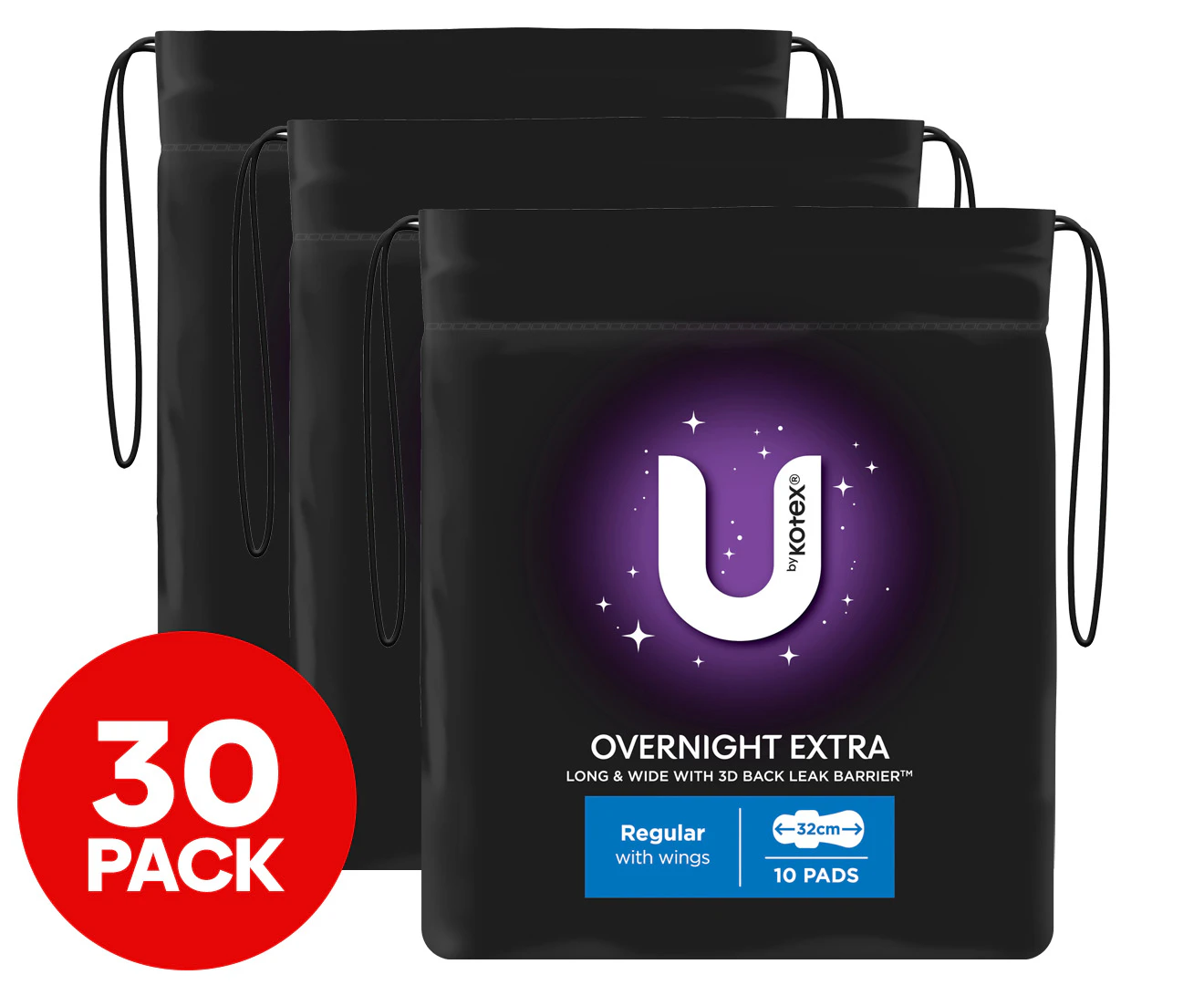 3 x 10pk U by Kotex Overnight Extra Regular Pads w/ Wings