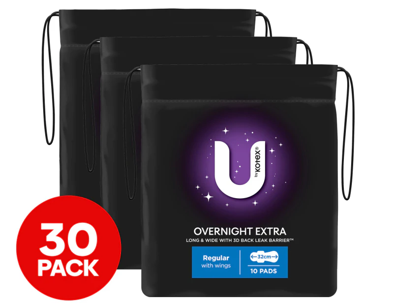 3 x 10pk U by Kotex Overnight Extra Regular Pads w/ Wings