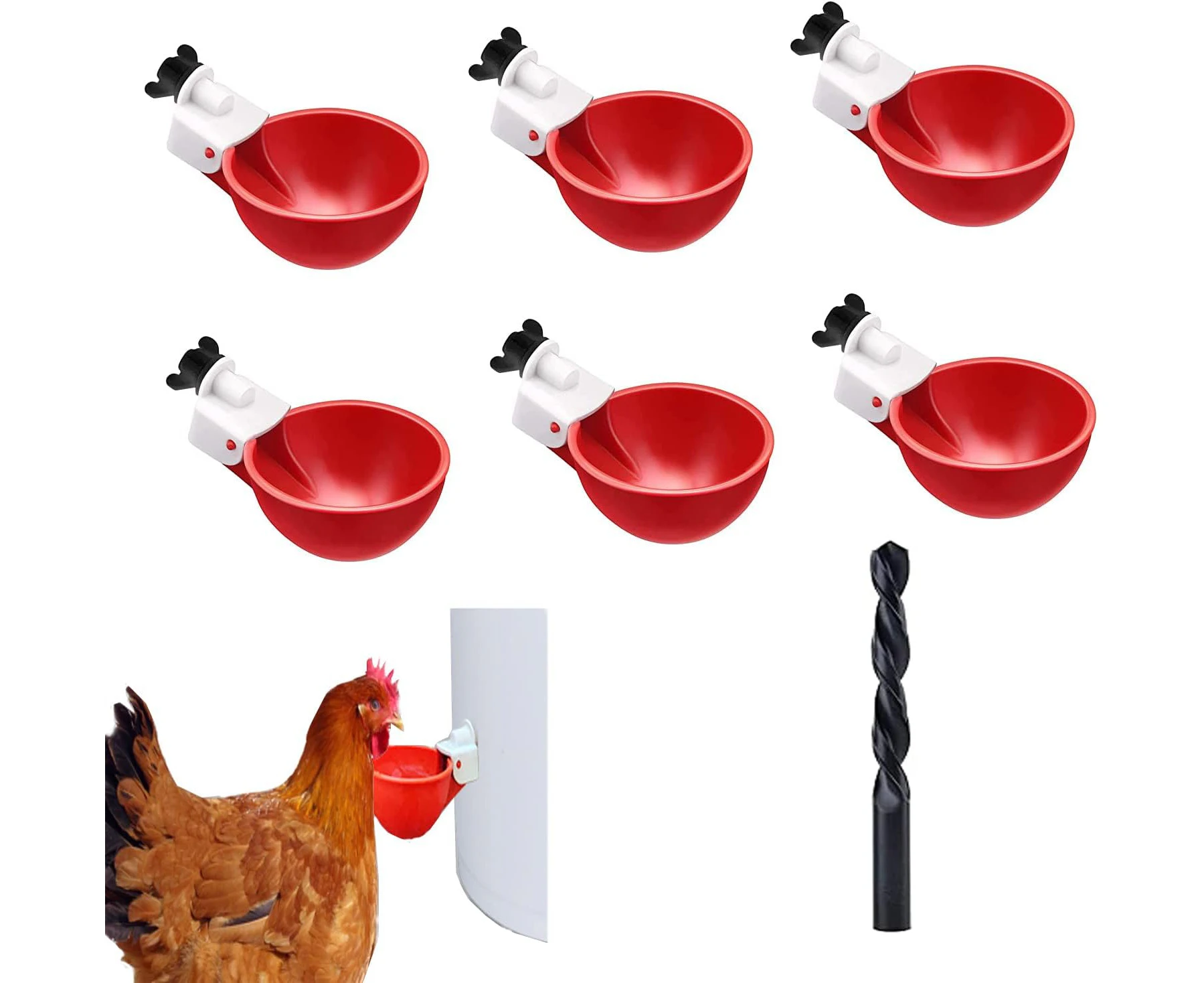 YQkangzhu 6Pcs Automatic Chicken Waterer Cups, Auto Filling Chicken Waterer Feeder, Poultry Water Bowl Kit, 1 Drill, Watering Drinker System for Chicks, Tu