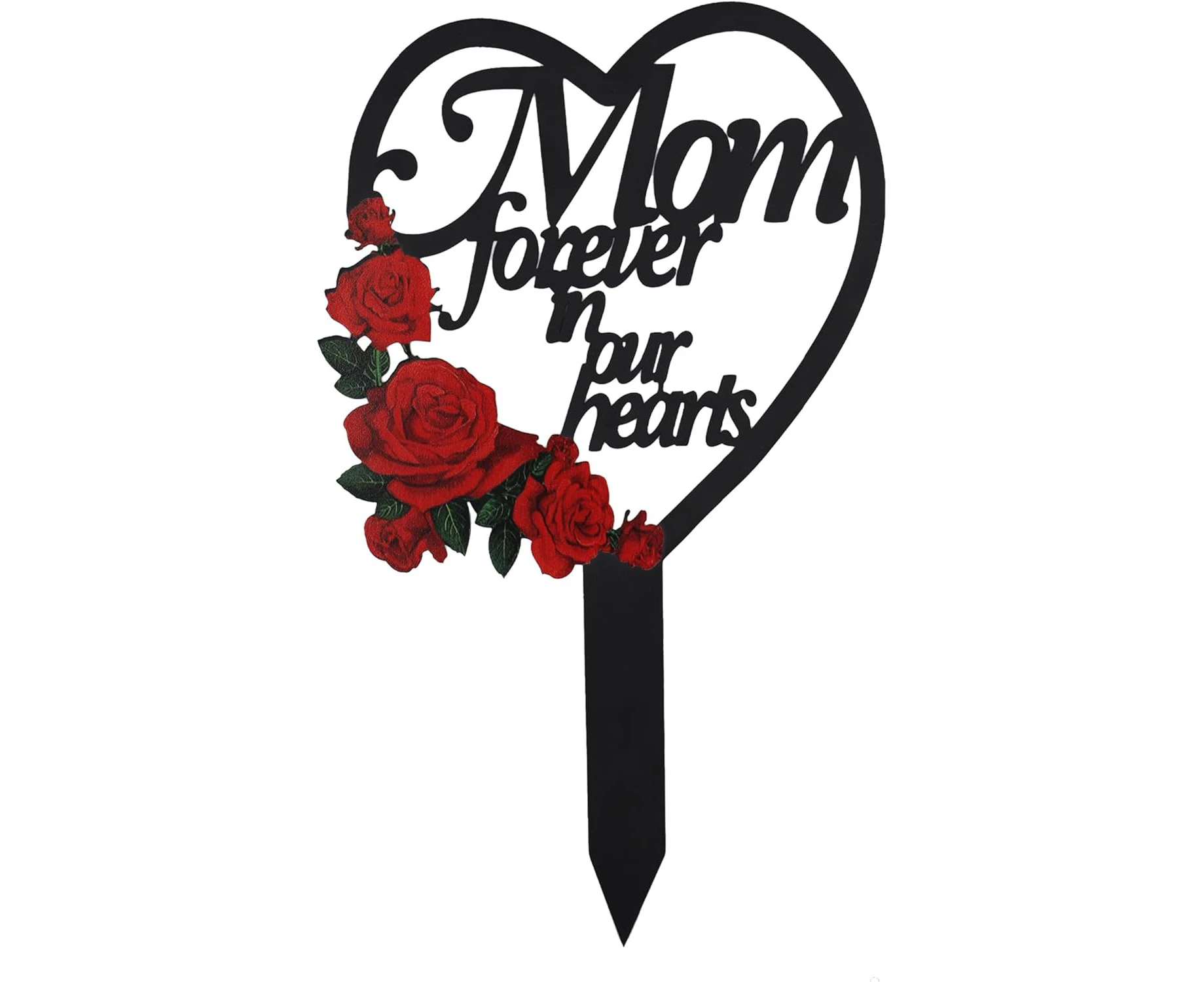 ACOSIY Mom Grave Decorations for Cemetery, Metal Grave Site Decor, Heart Shaped Grave Markers for Cemetery, Memorial Plaque Stake with Rose Design, Gravesi