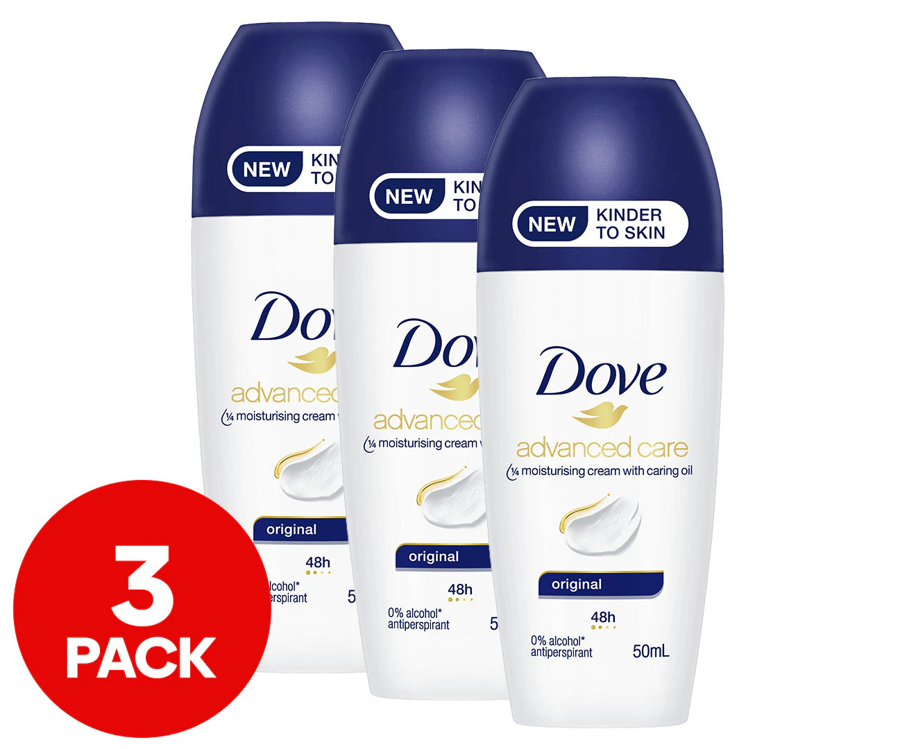 3 x Dove Advanced Care Antiperspirant Roll On Deodorant Original 50mL