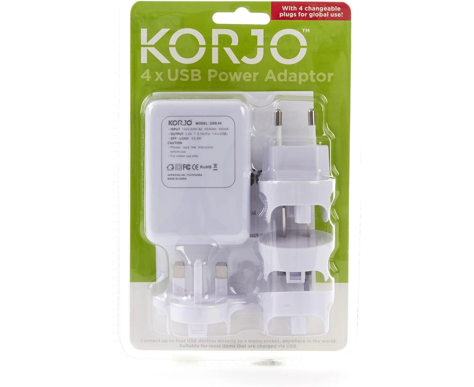 Korjo USB Power Hub, Interchangeable for EU, UK, USA, AU, 4 USB Sockets