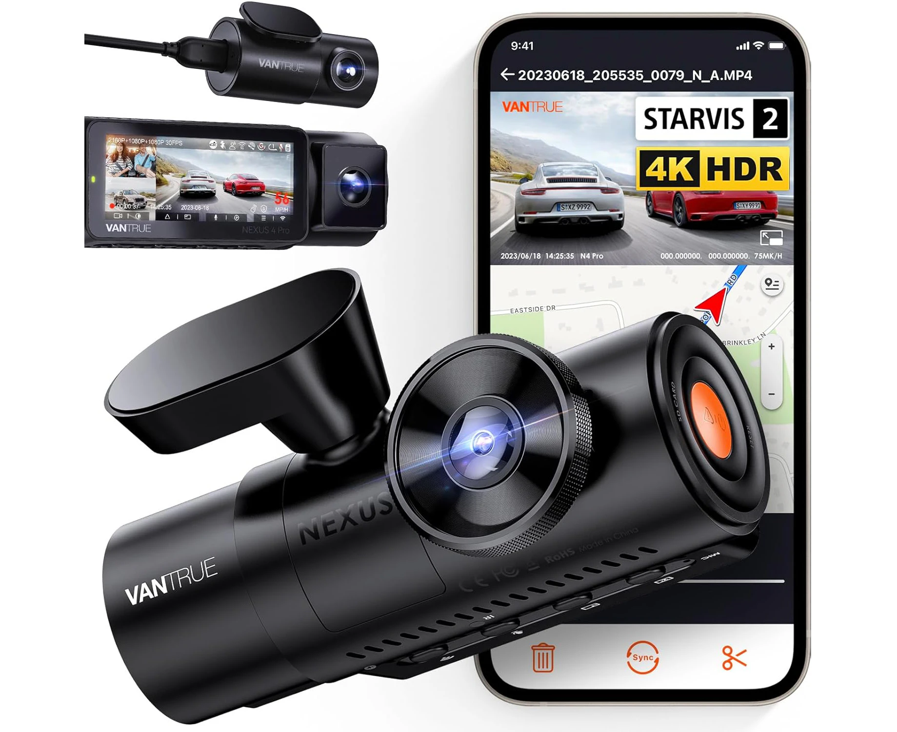 Vantrue N4 Pro 3 Channel Dash Cam, 4K WiFi Dashcam with STARVIS 2 IR Night Vision, Triple Dash Camera for Cars, GPS Speed Tracking, 24H Parking Mode, Voice