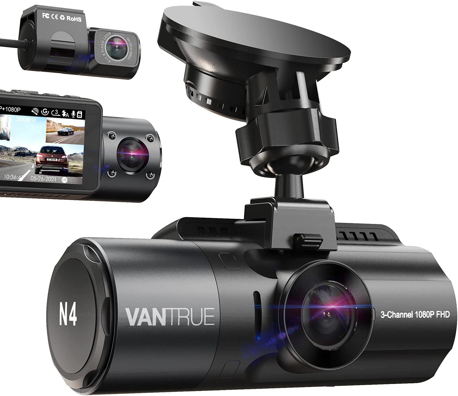 Vantrue N4 4K 3 Channel Dash Cam Front and Rear Inside, Three Way Triple Dashcam for Cars, 1440P+1440P+1080P with STARVIS IR Night Vision, 24H Parking Mode