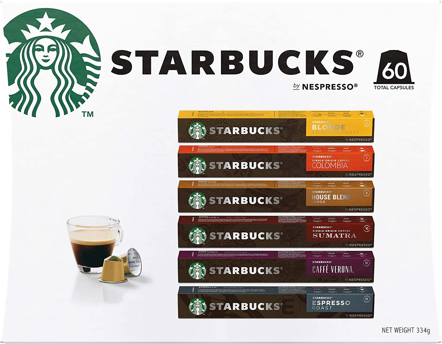 Starbucks By Nespresso Coffee Pods Variety Pack 60 Capsules (10 of each flavour)