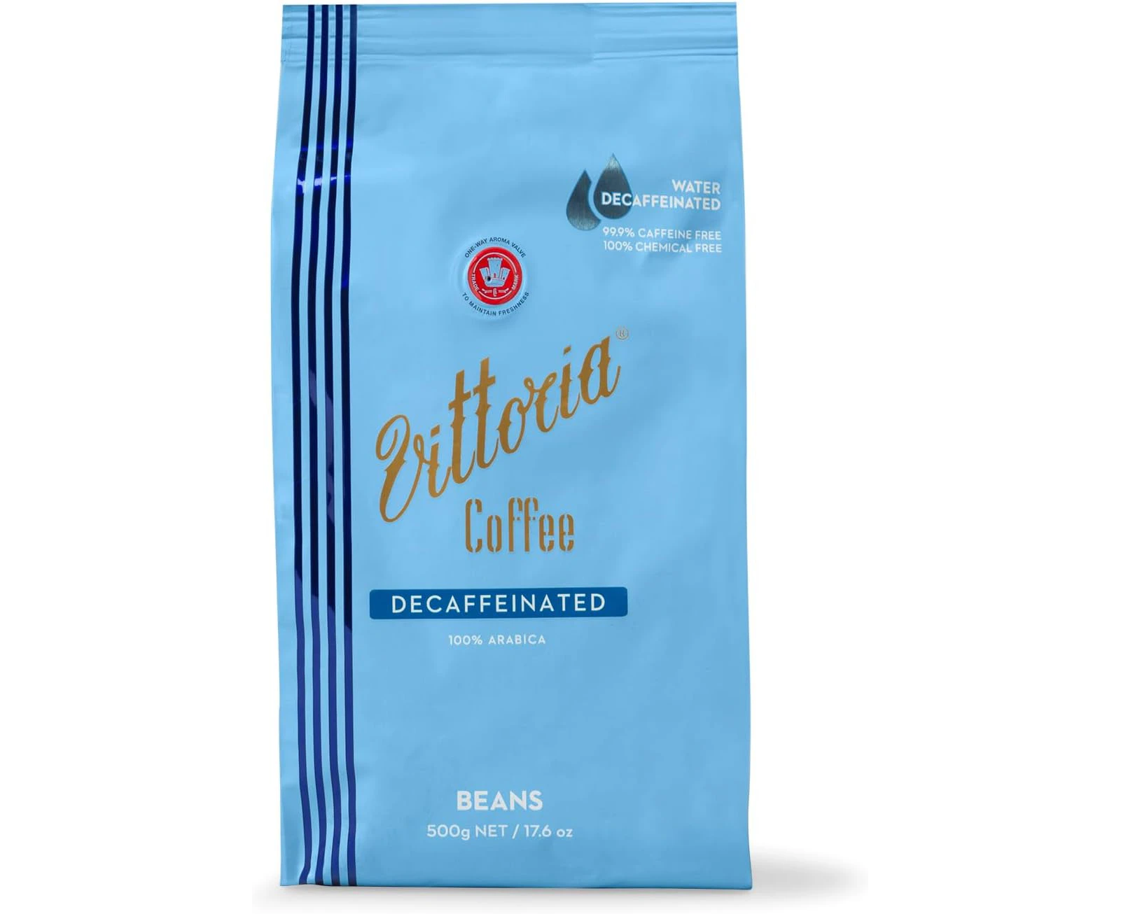 Vittoria Coffee 100% Arabica Naturally Decaffeinated Coffee Beans. 99.9% Decaf 500g. Grape-Winey Tasting Notes with Medium-Dark Roast Intensity. Chemical F