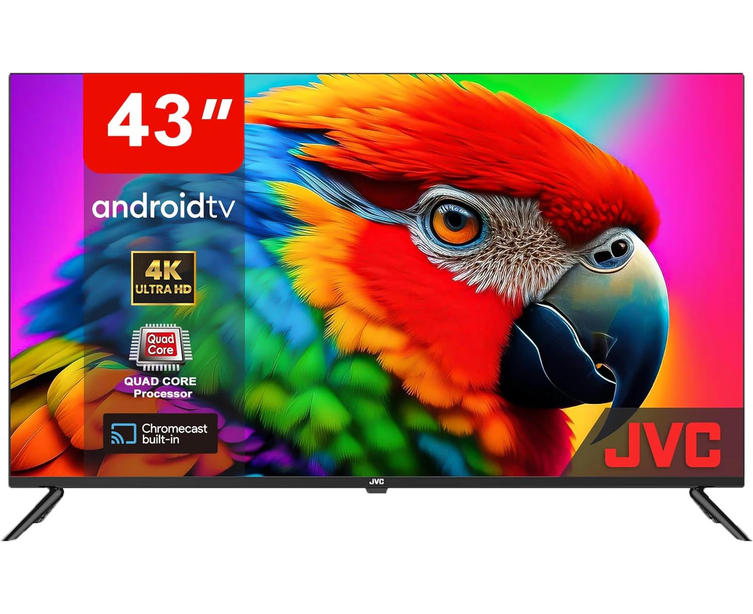 JVC 43 Inch Smart TV, 4K Ultra HD Android TV with Edgeless LED Display, Built-in Chromecast, Remote Control with Google Voice Assistant, Netflix, Disney Pl