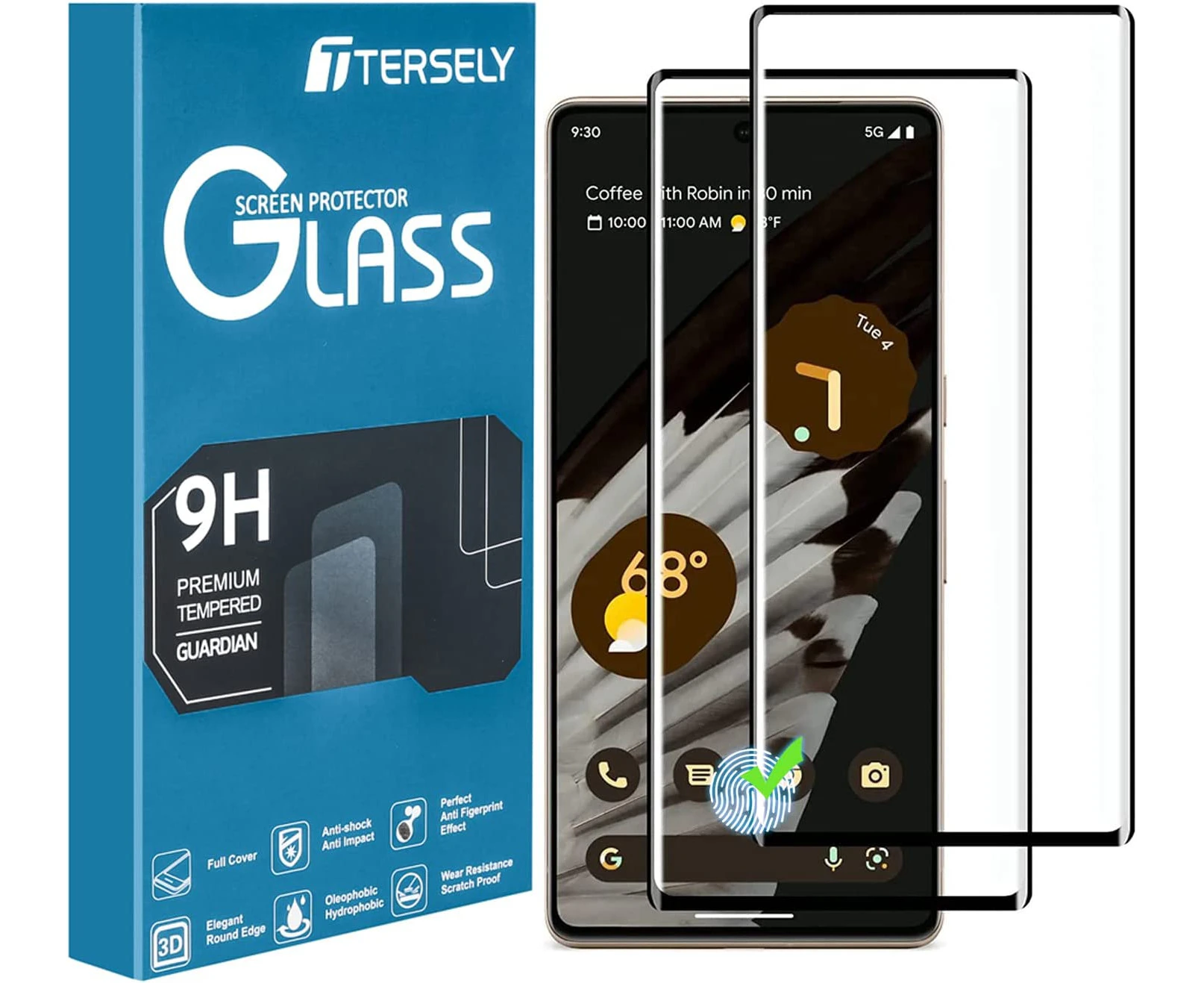 T Tersely [2 Pack] Tempered Glass Screen Protector for Google Pixel 7 Pro (6.7 inch), Support Fingerprint Unlock Full Cover Protector Curved for Google Pix