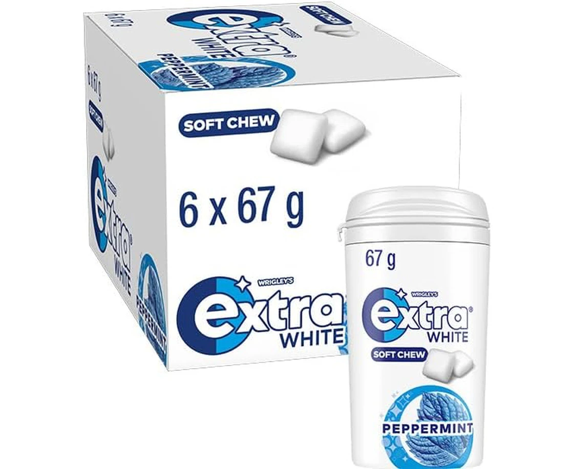 Extra White Peppermint, Sugar Free Chewing Gum, Soft Chew Bottle 67g (Case of 6)