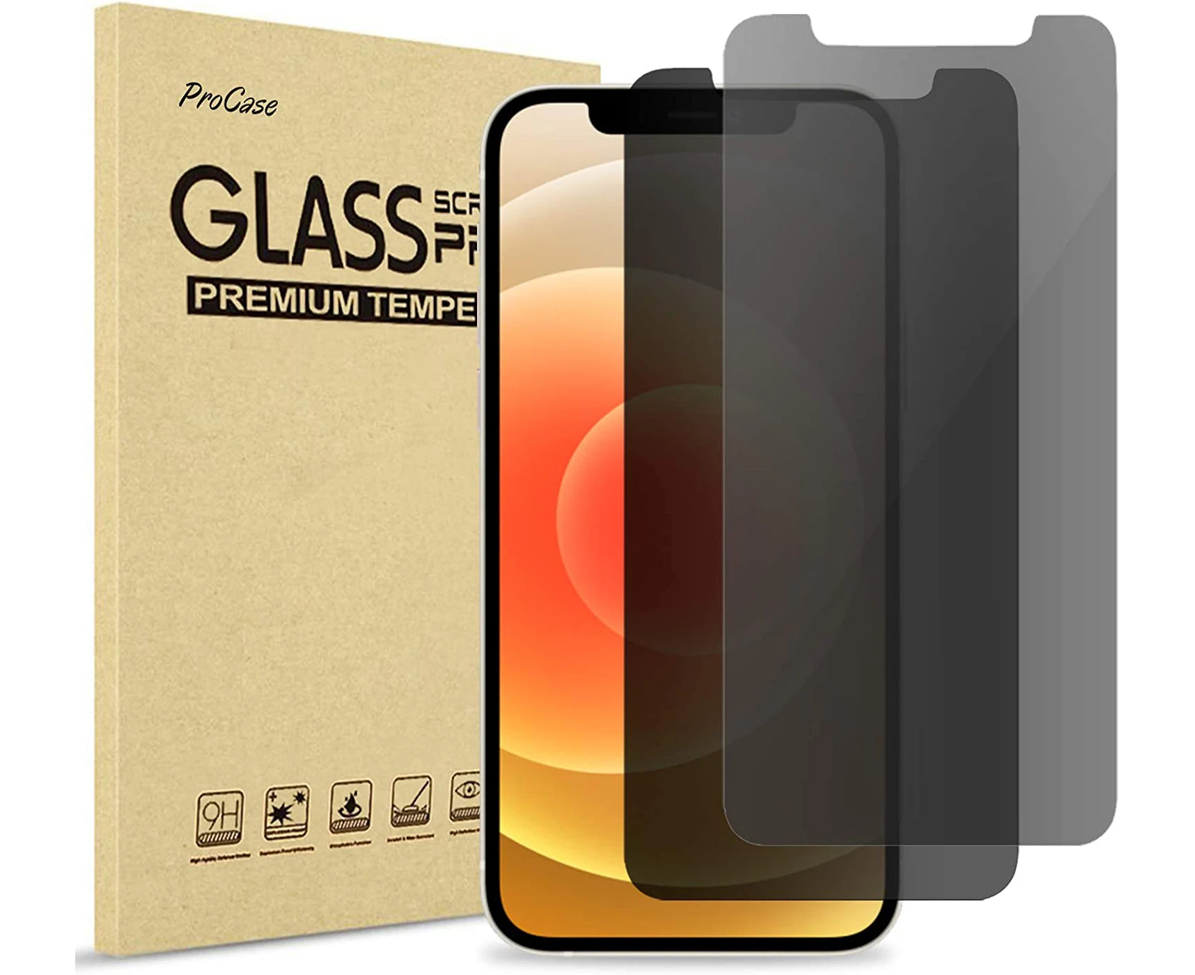 [2 Pack] ProCase Privacy Screen Protector for iPhone 12 & iPhone 12 Pro 6.1” 2020, Anti-Spying Tempered Glass Screen Film Guard, Anti-Scratch Screen Protec