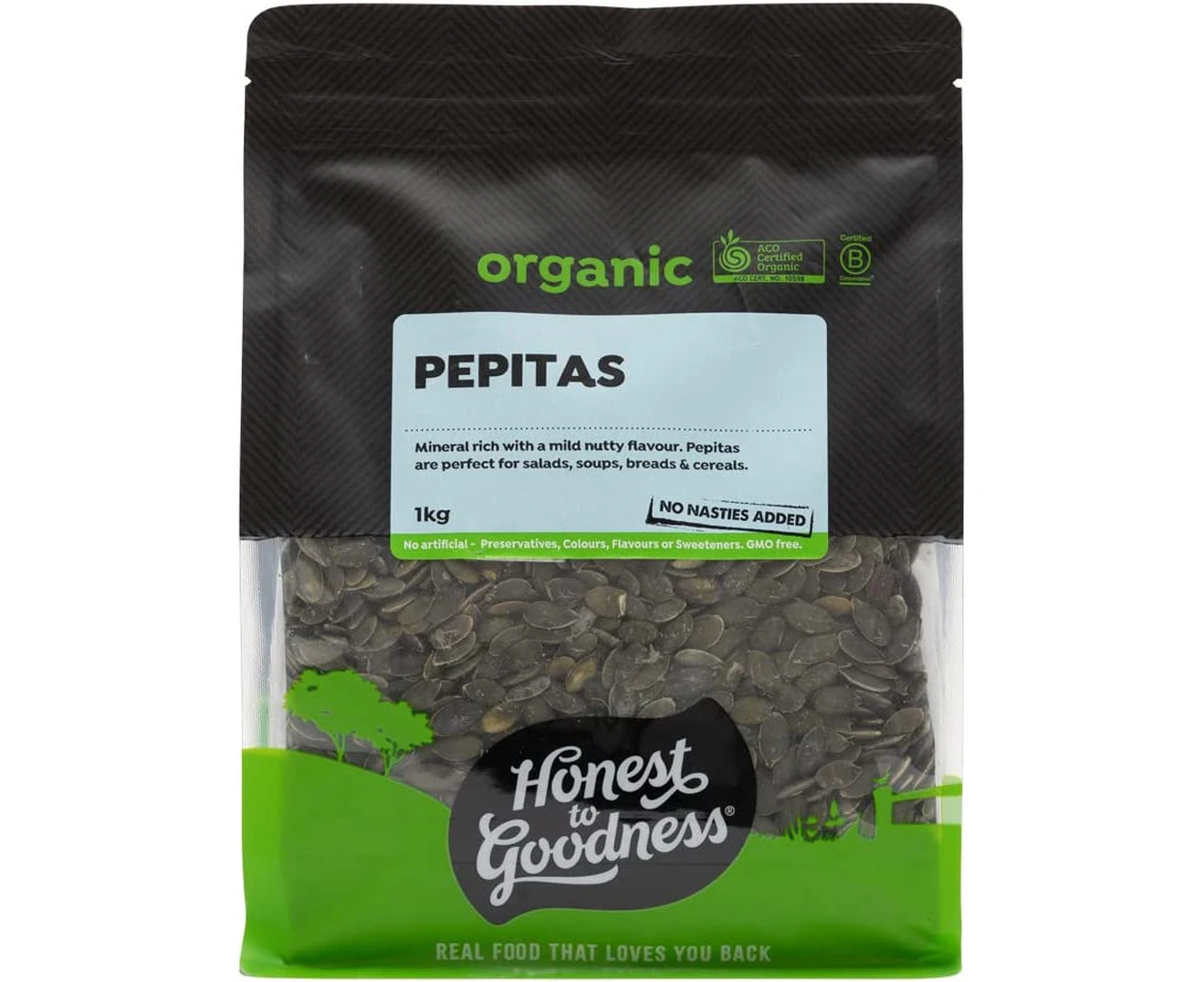 Honest to Goodness, Organic Pepitas, 1 Kilogram - Mild nutty flavor. Packed with valuable minerals! A delicious and nutritious snack & versatile ingredient