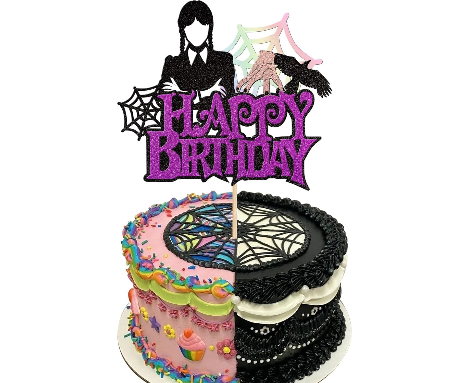 1PCS Wednesday Happy Birthday Cake Toppers - Glitter Spider Web Thing Hand Wednesday Cake Pick Adams Cake Decoration for Fantasy Horror Wednesday Birthday