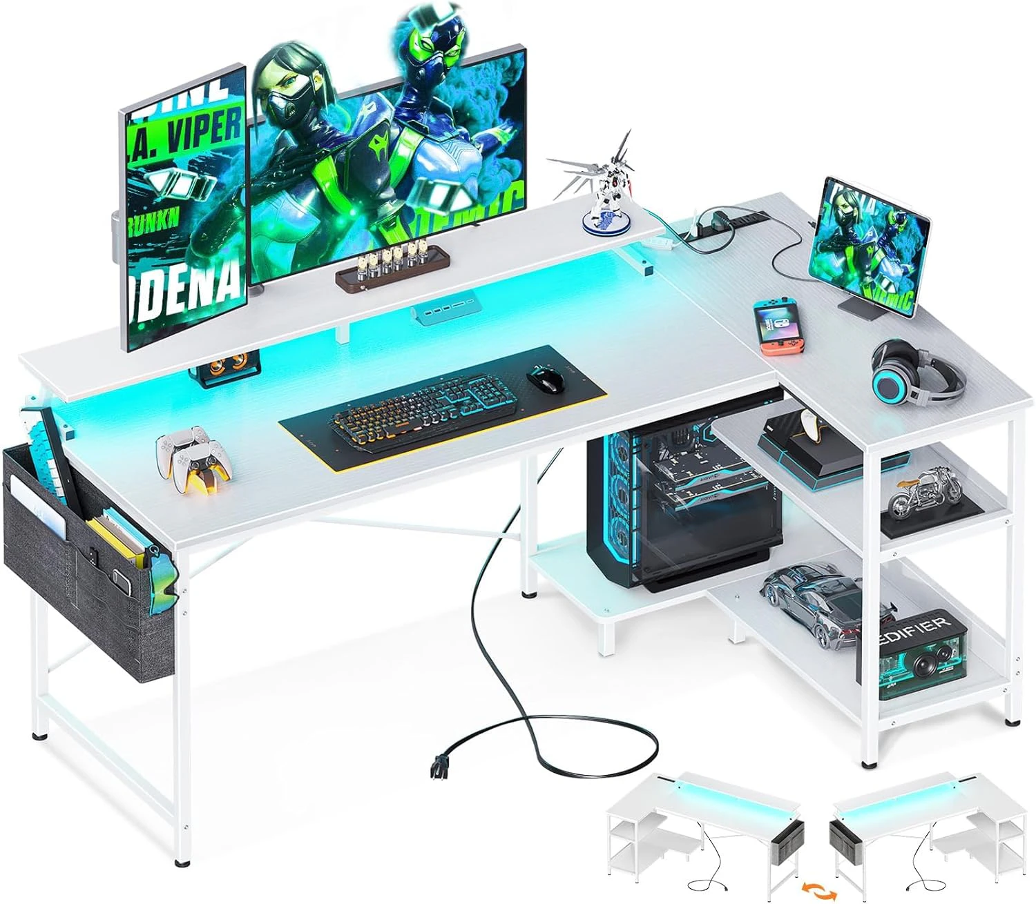 L Shaped Gaming Desk with 2 USB and 3 Charging Port & LED Light Strip, Computer Desks Workstations, 122 X 80cm, White