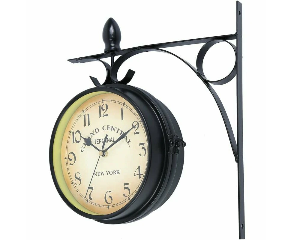 Retro Station Clock, Double Dial Wall Clock with Double-Sided Pendulum Mounting Bracket for Indoor and Outdoor Home Garden