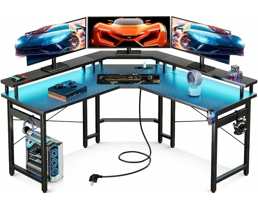 L Shaped Computer Desk, Gaming Desk LED Light Strip and 2 USB 3 Charging Port, Gaming Table with Monitor Surface, Gaming Desks Workstations, Bla