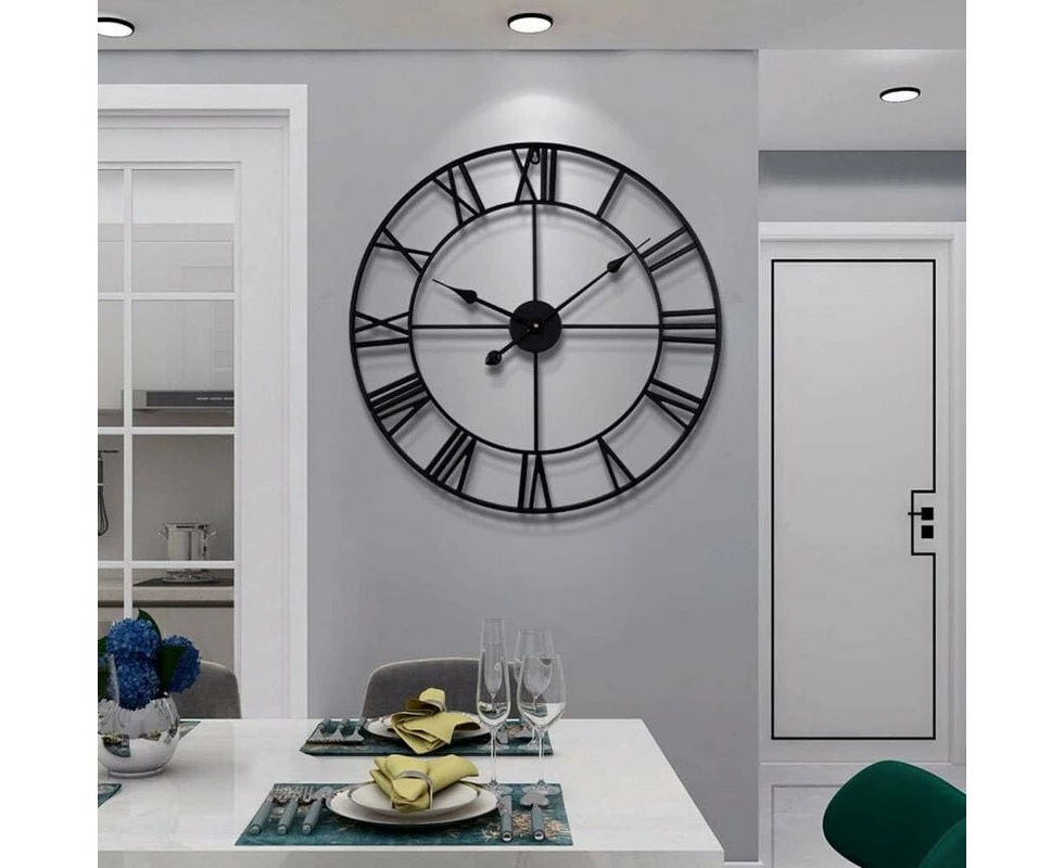 Large Vintage Round Metal Wall Clock Silent Non Ticking Battery Operated 40cm 47cm 60cm Black Roman Numeral Clocks for Living Room Bedroom Kitchen