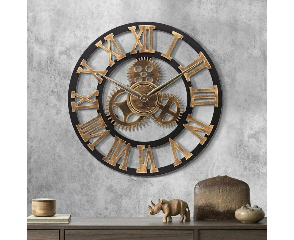 Giant Gold Industrial Wood Gear Wall Clock 58cm Quartz Roman Numerals Silent Wall Clock for Living Room Bar Restaurant