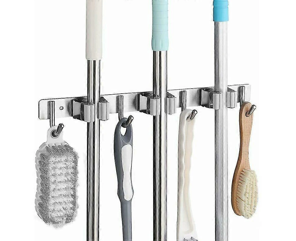 Stainless Steel Wall Mounted Broom Holder, Wall Mounted Broom Holder with 3 Slots and 4 Hooks for Kitchen, Bathroom, Garage and Garden, Gray - Gray