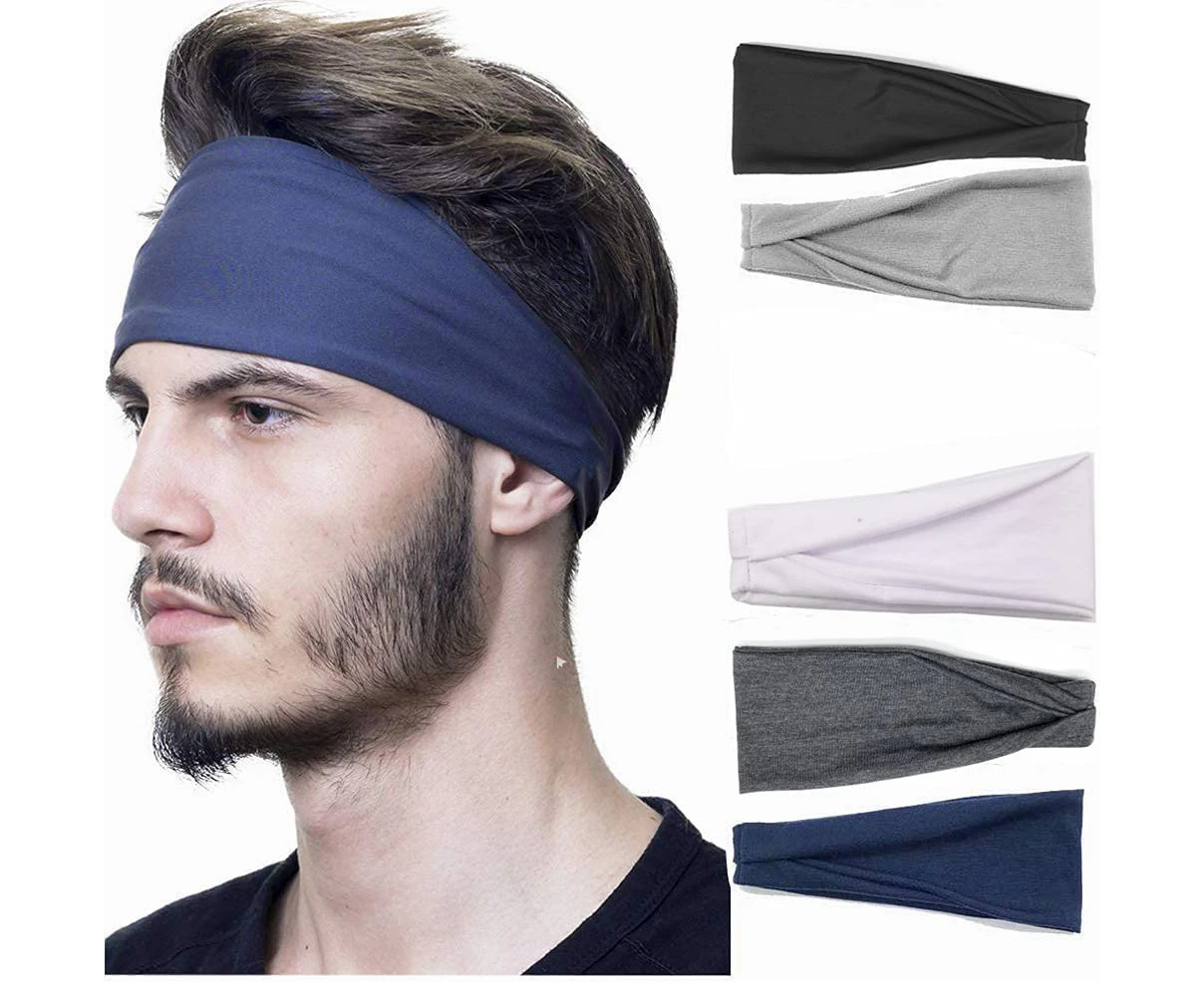 5-Piece Men's Sports Headband, Pure Color Elastic Yoga Fitness Running Sweat Band, Moisture Wicking Anti-Slip Training Headband