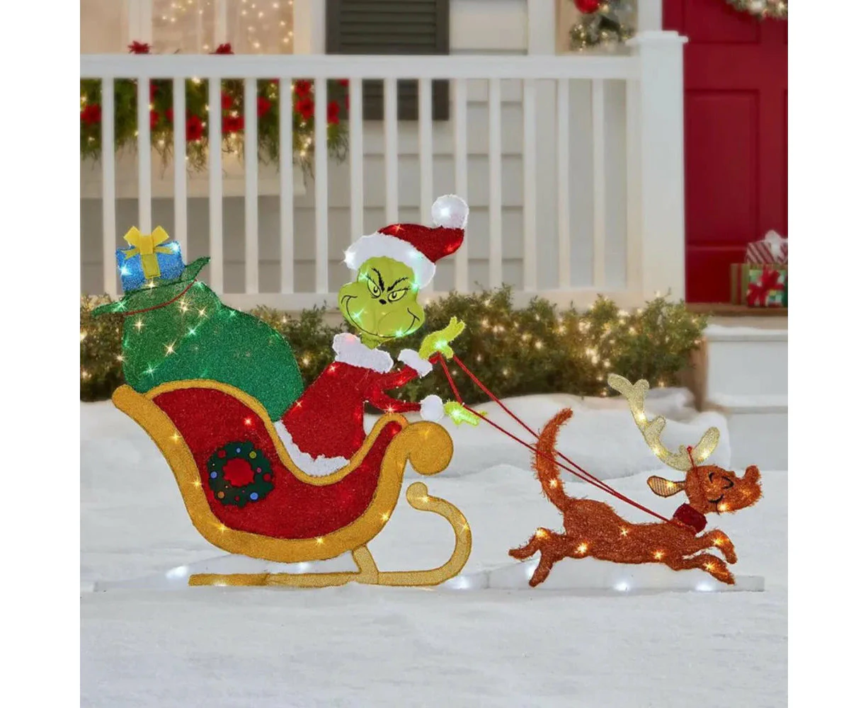 Sled GRINCH Stealing the CHRISTMAS Glowing Outdoor Yard Stakes LED Lights Decoration