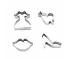 Baking pan cookie cutter set with skirts, high heels, lips and heart mouth cookie shapes