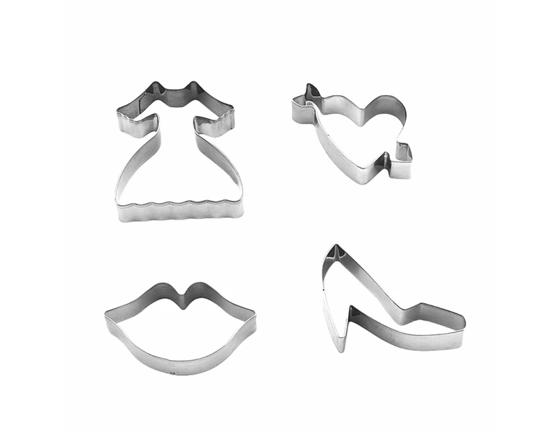 Baking pan cookie cutter set with skirts, high heels, lips and heart mouth cookie shapes