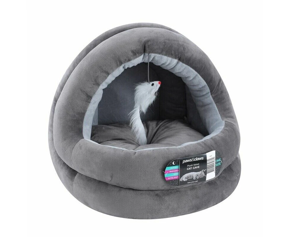 Paws & Claws Plush Cushion Velvet Cat Bed Cave With Toy