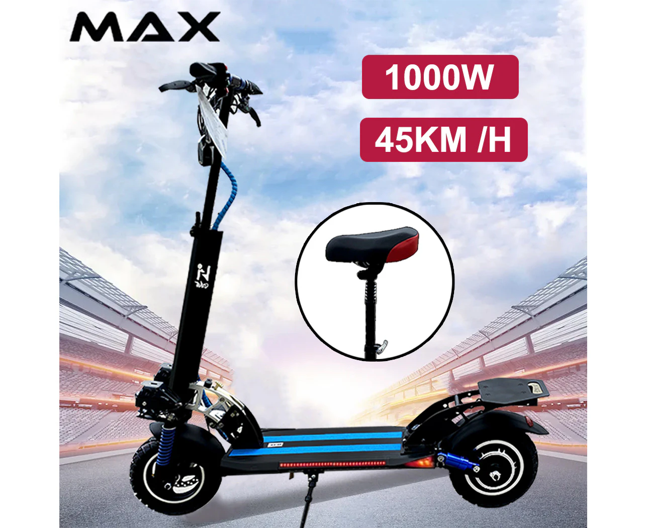 1000W 45KM/H Electric Scooter Off Road w/ Seat & Tail Foldable Commuter Adult Blue