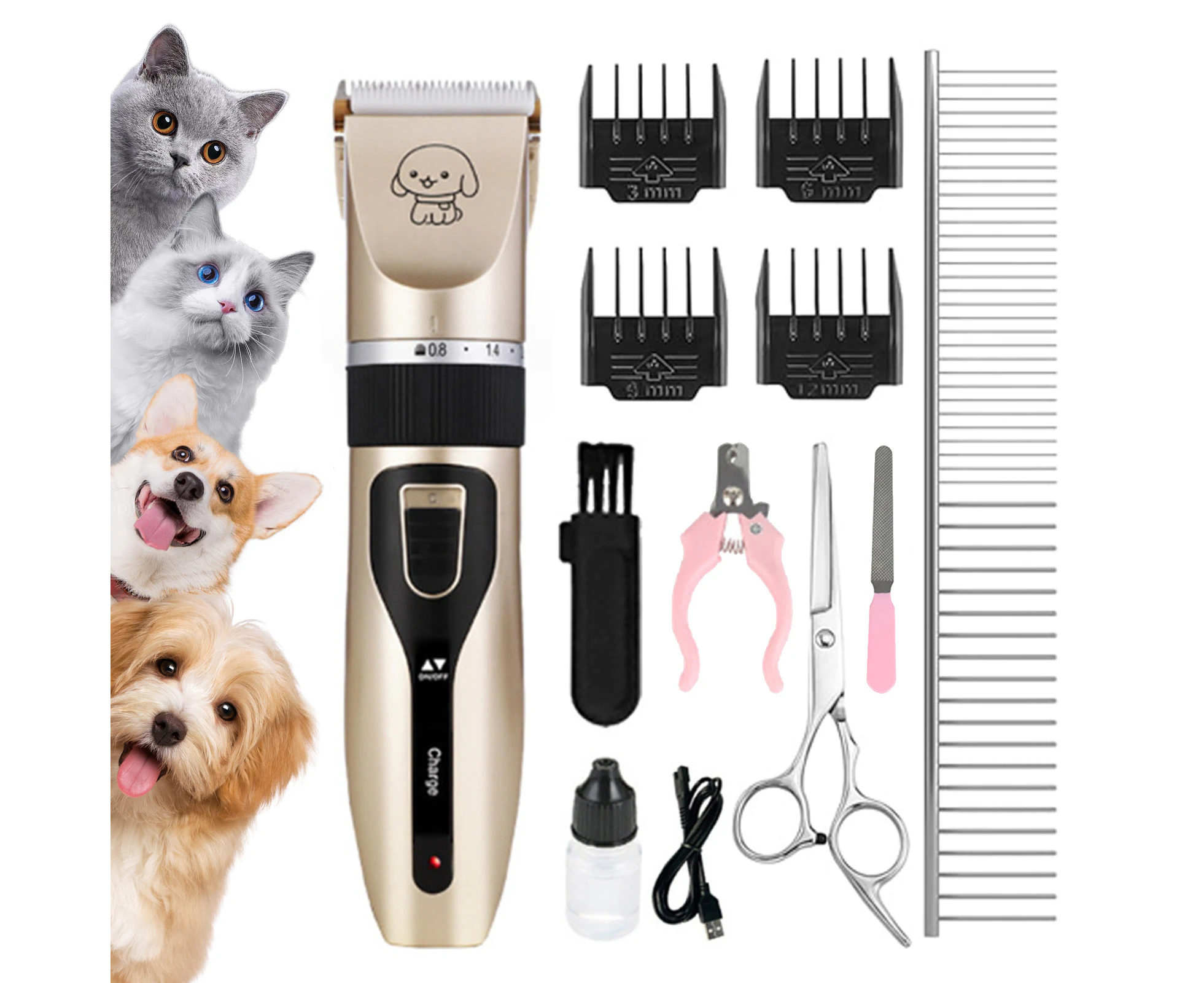 Professional Pet Cat Dog Clippers Grooming Kit Pet Hair Trimmer Electric Shaver Gold