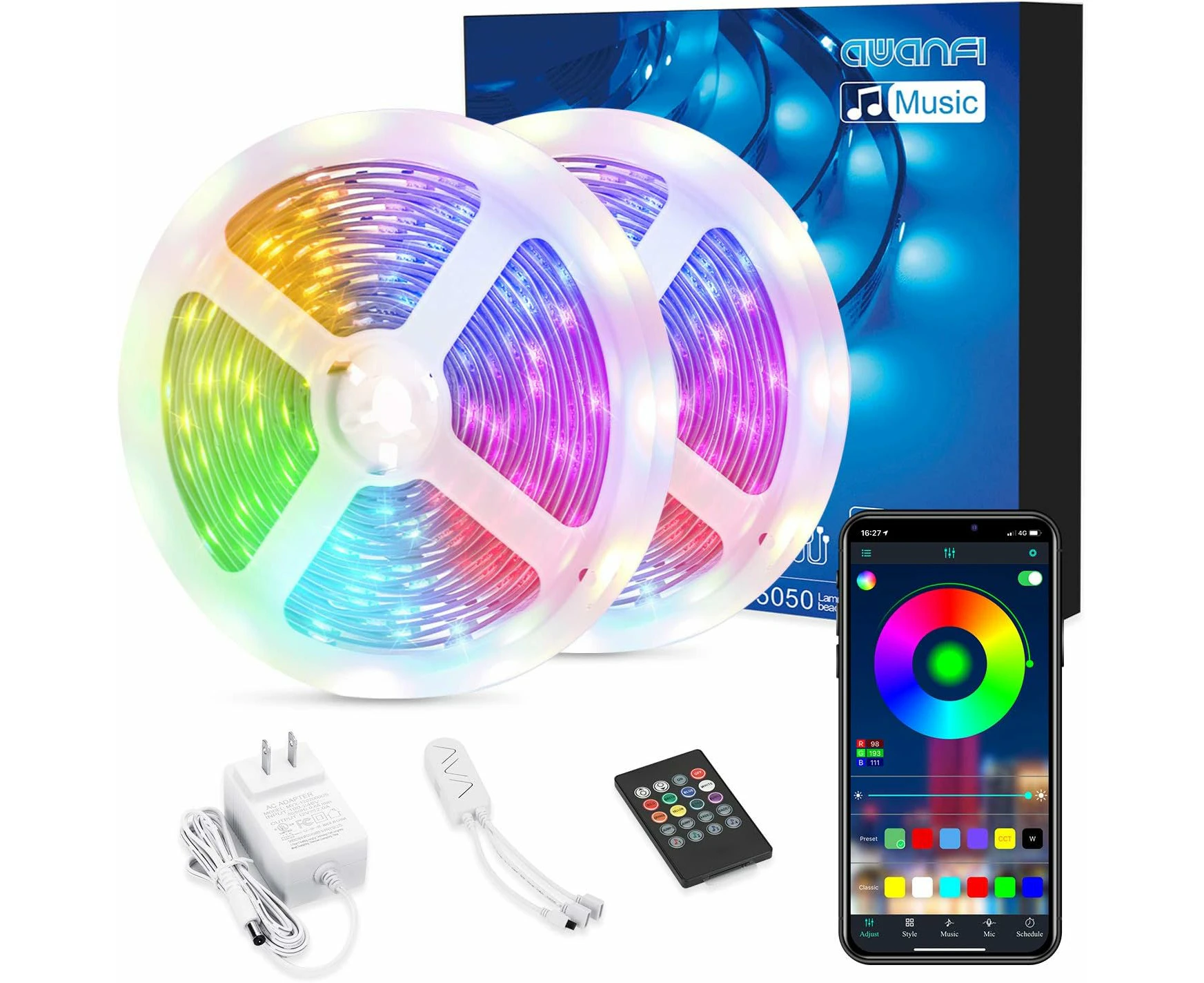 LED Strip Lights, 50ft 15m RGB Color Changing Music Sync LED Lights Strip with Remote, APP Bluetooth Control and 12V Power Supply for Bedroom TV Room