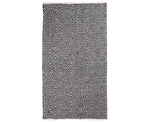 French Country Floor Mat Rectangle Woven Charcoal Diamond Leather 150x90cm