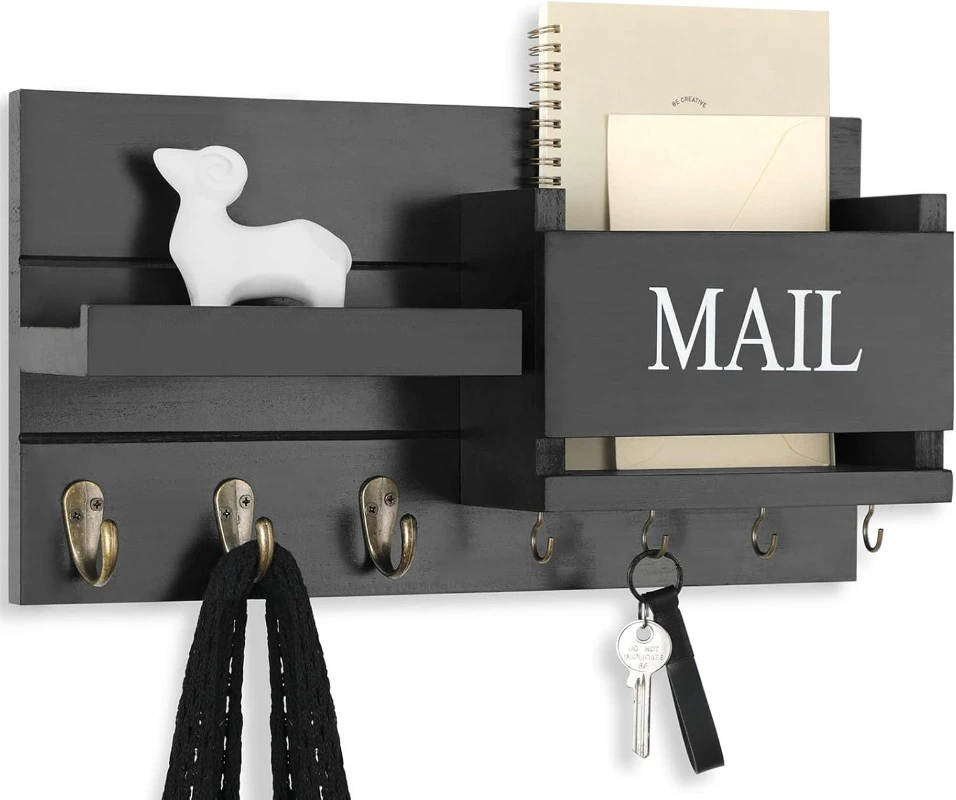 Mail Organizer for Wall Mount – Key Holder with Shelf Includes Letter Holder and Hooks for Hallway Farmhouse Decor