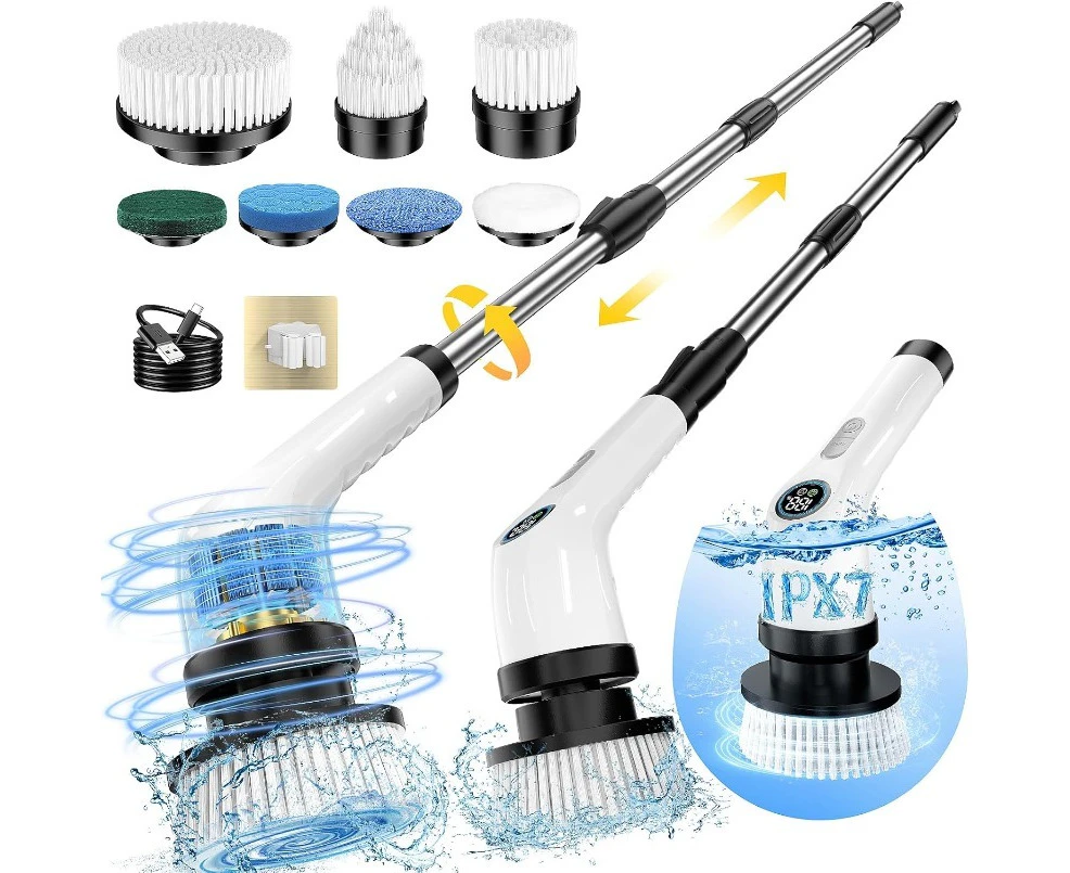 Electric Spin Scrubber Full-Body IPX7 Waterproof Cordless Power Cleaning Brush with Adjustable Extension Handle Speed Shower Scrubber