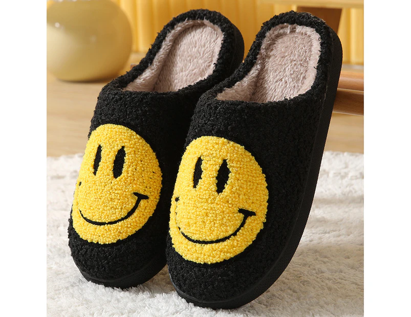 Retro Smiling Face Soft Plush Comfy Warm Slip-on Slippers For Couples Winter Warm Indoor Supply - Black