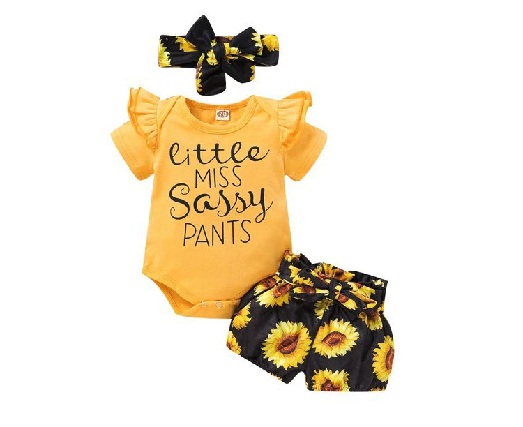 Baby Kids Girl Clothes Short Sleeve Romper Pants Sunflower Outfit - ShortPants