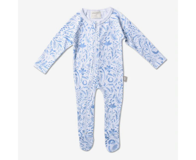 Babyushka Organic Water colour Flora Long Sleeve Zip Romper Blue AOP