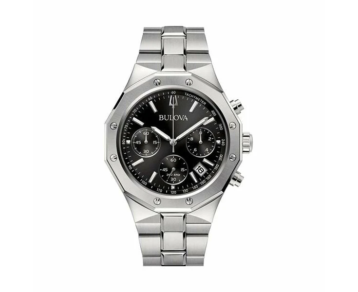 Bulova Men's Precisionist Chronograph Watch Mod. 96b410 Sleek Black Dial With Stainless Steel Bracelet