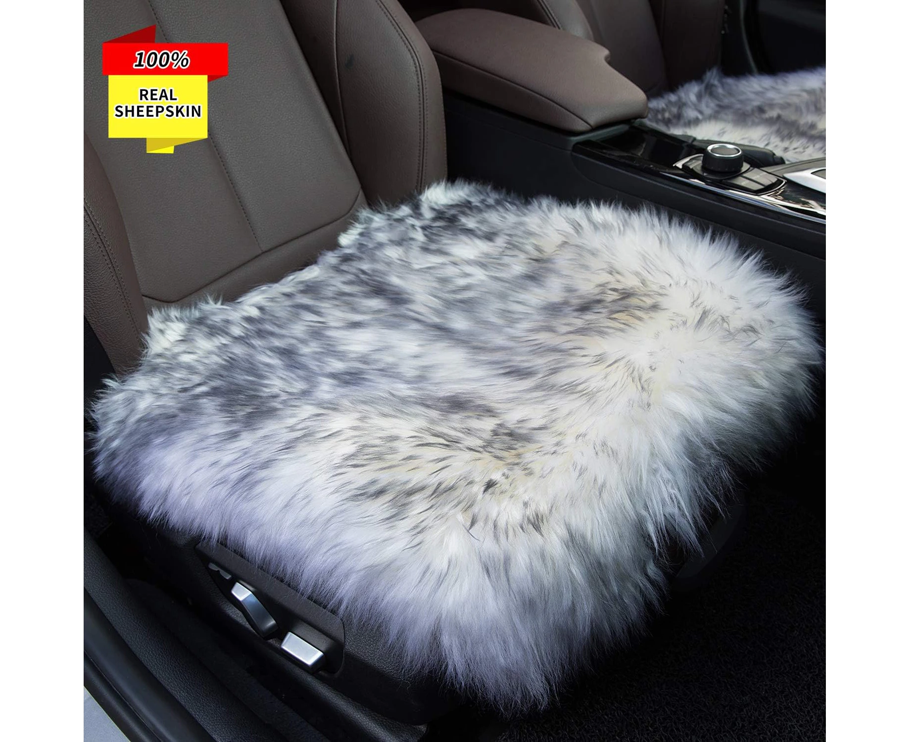 Sisha-A Sheepskin Car Seat Cover Cushion Sisha Luxury Long Wool Winter Warm Seat Cushion for Auto Car and Office Chair (Grey Tips)