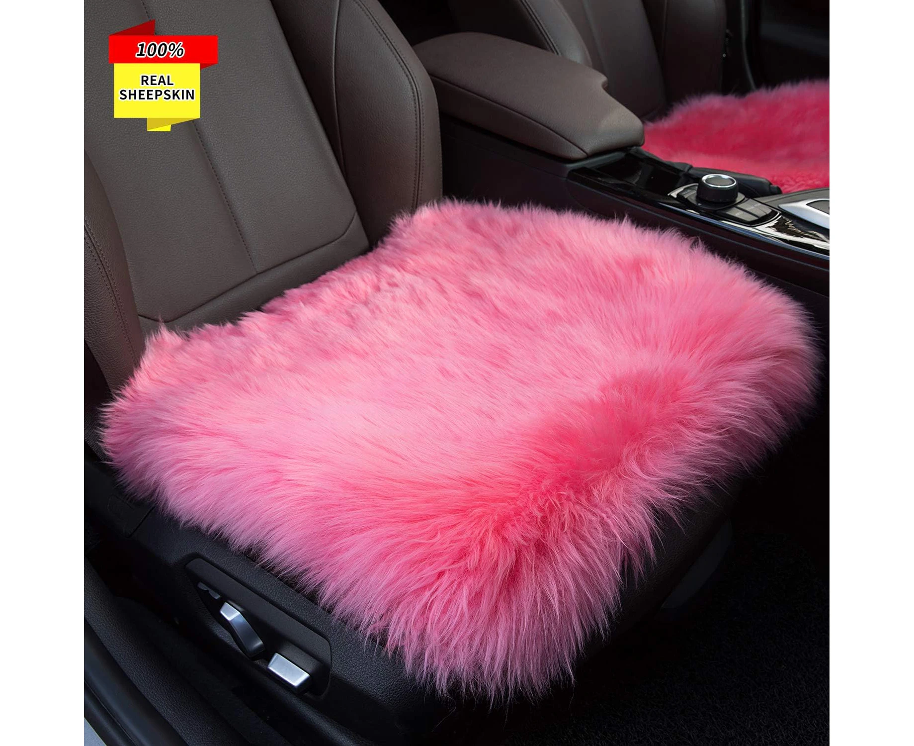 Sisha-A Sheepskin Seat Cushion Cover Winter Warm Natural Wool Car Seat Covers Universal Fit for Most Car, Truck, SUV, or Van Front Pink