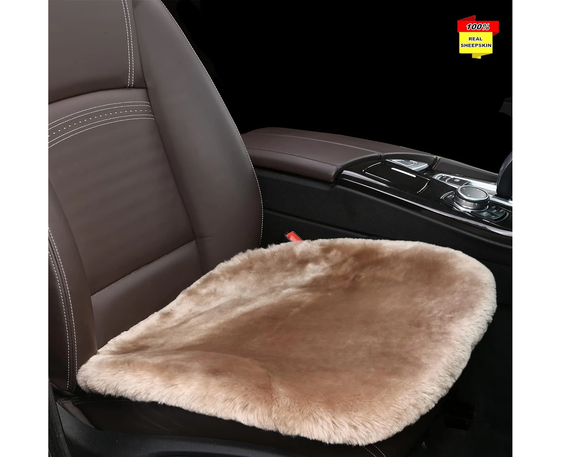 Sisha-A Sheepskin Seat Cushion Cover Wholehide Short Wool Seat Pad Natural Fur Car Seat Covers Universal Fit for Most Car, Truck, SUV, or Van Front Light T