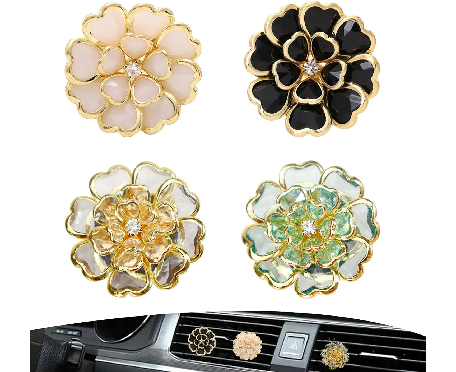 Sekonow 4Pcs Camellia Flower Car Vent Clips, Cute Car Air Freshener Vent Clip Air Conditioner Outlet Diffuser Clip Charm for Women Car Interior Accessories